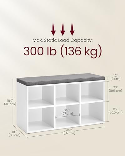 VASAGLE Shoe Bench with Cushion, 6 Compartments, 3 Adjustable Shelves