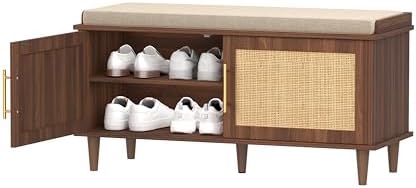 Akxomel 39.4" Rattan Shoe Storage Bench 2 Doors Entryway Bench Walnut