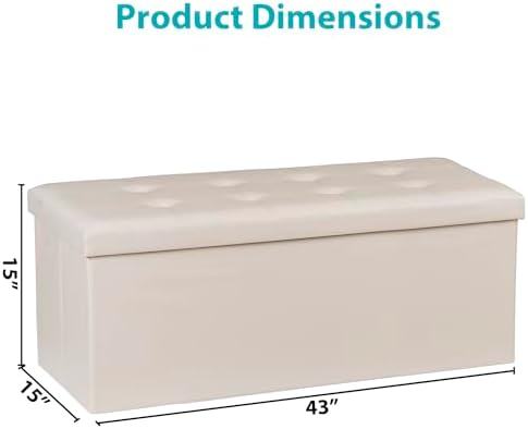 ZenStyle 43Inches Folding Storage Ottoman Bench, Faux Leather Footrest with Foam Padded Seat, Storage Long Shoes Bench for Living Room, Entryway, Bedroom, Holds up to 660 lbs (Beige, 43 inches)