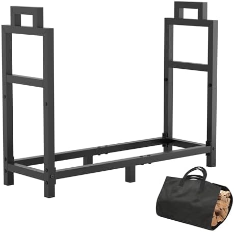 30 Inch Firewood Rack Outdoor Indoor with Handle and Log Carrier Bag, Stable Metal Wood Rack Heavy Duty Log Holder for Fireplace Patio Deck, Rustproof Firewood Storage Organizer Tool, Black, Square