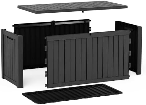 ROJIK 220 Gallon Waterproof Outdoor Deck Storage Box, UV Resistant， Lockable Resin Patio Storage Bin with Lid for Garden Tools, Patio Cushions & Outdoor Accessories(Black)