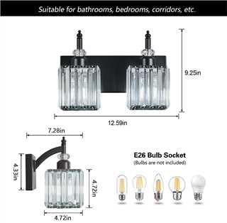 BBLLWJ Modern Bathroom Vanity Light 2-Light Black Crystal Light Fixtures Over