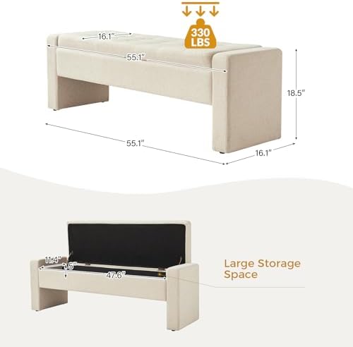55" Modern Upholstered Storage Bench with Tufted Seat, Fabric Ottoman Bench for Bedroom, Entryway, or Living Room, Soft Close Hinge,Linen