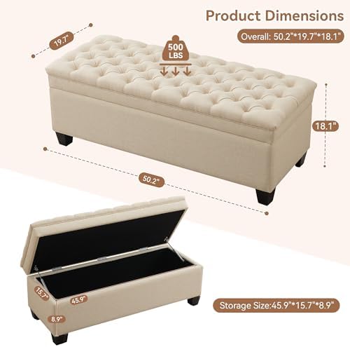 WUTUTUEE 50" Fabric Storage Ottoman Bench, Upholstered Rectangle End of Bed Storage Ottoman Tufted Living Room Bedroom Bench with Safety Hinge, Solid Wood Legs, Loads 500 lb(Khaki)