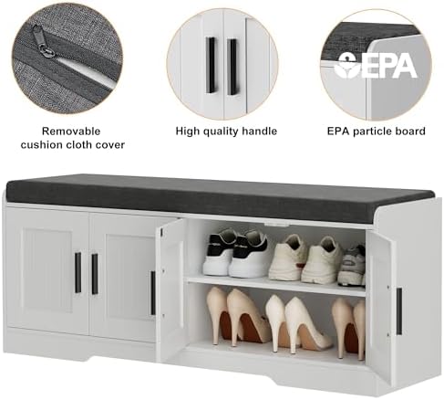 Homleke Shoe Storage Bench, 4 Doors & Thickened Padded Seat Cushion