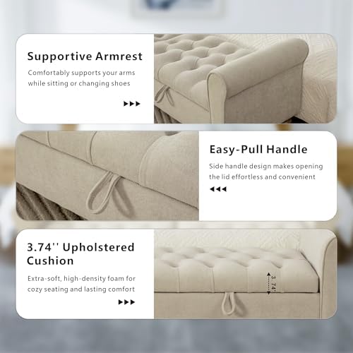Storage Bench for Bedroom, 65.2'' Tufted End of Bed King Size Upholstered Extra-Long Bench with Dual Flip-Top Lids for Entryway, Hallway, Cloakroom, Window, Griege.