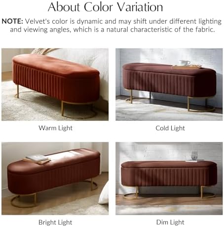 EcoHarbor Living 50.5" Storage Bench Velvet Bedroom Ottoman,Upholstered End of Bed Bench with Gold Legs,Flipping Lid Entryway Footrest, Burn Brick