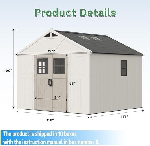 Greesum 10x10FT Resin Outdoor Storage Shed with Floor, Plastic Sheds, Beige