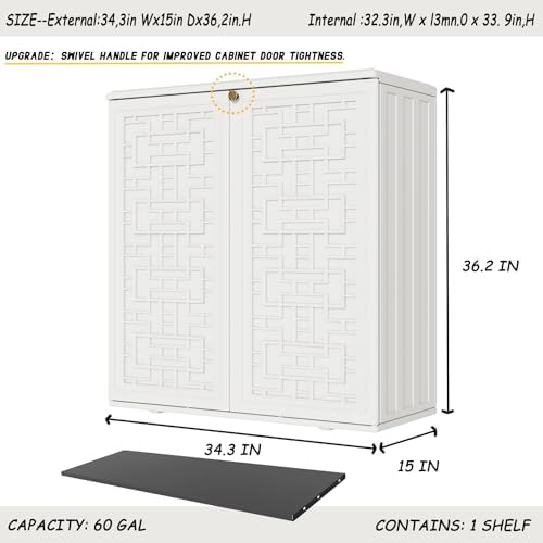 Mrosaa Indoor Outdoor Storage Cabinet Waterproof with Shelf, Off White Plastic Outdoor Cabinets for Patio/Garden/Backyard, Size 34.3''L*15''W*36.2''H