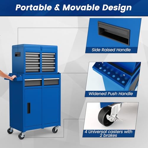DREAMADE 5-Drawer Tool Chest Combo, Rolling Tool Cabinet w/Detachable Top Tool Box, Adjustable Shelves, Lockable Wheels, Metal Tool Box for Garage, Workshop, Repair Shop Storage (Blue)