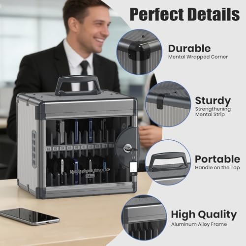 24 Slots Cell Phone Locker for Classroom with Key, Portable Mobile Phone Storage Box with Handle & Charging Hole, Phone Lock Box Wall Mounted for School (Black, 24 Slots)