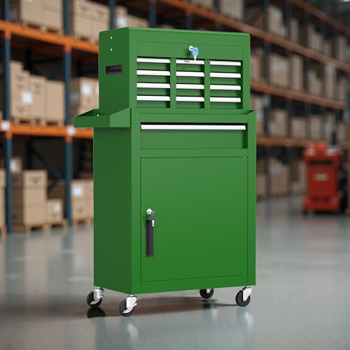 Greenvelly 5-Drawer Tool Chest with Wheels, Pre-Assembled Rolling Tool Chest, Detachable Top Tool Box, Lockable Design, Comes with Drawer Liners & Side Hooks for Garage Workshop Repair Room (Green)