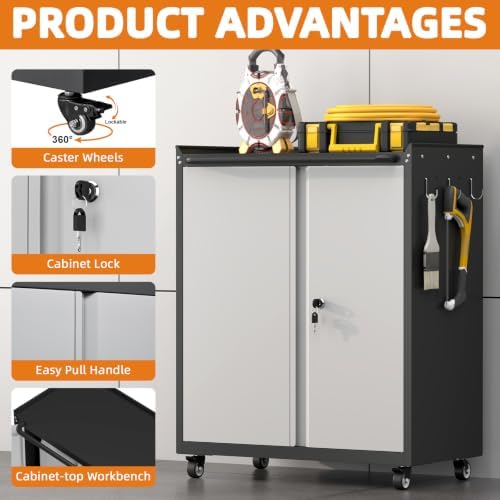 32''H Metal Garage Storage Cabinet with Wheels, Tool Storage Cabinets with Lock, Lockable Steel Rolling Tool Chest with Doors & Adjustable Shelves for Garage, Home, Office