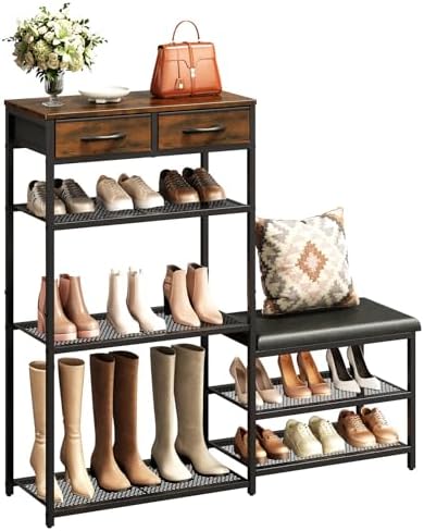 Shoe Rack Bench Shoe Rack for Entryway, Cushioned Entryway Shoe Storage with 2 Drawers & 5-Tier Organizer, Metal Frame Wood Top Narrow Space-Saving Hallway Organizer for Closet & Front Door