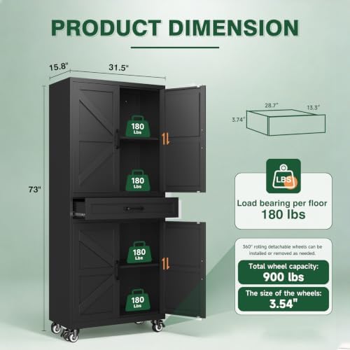 Letaya Metal Garage Storage Cabinets with Wheels,Black Rolling Tool Cabinet