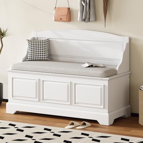 LUMISOL Shoe Storage Bench with Seating, 41.7” Farmhouse Entryway Bench with Cushion and Hidden Storage, Upholstered Storage Ottoman for Living Room, Entryway, Bedroom, White