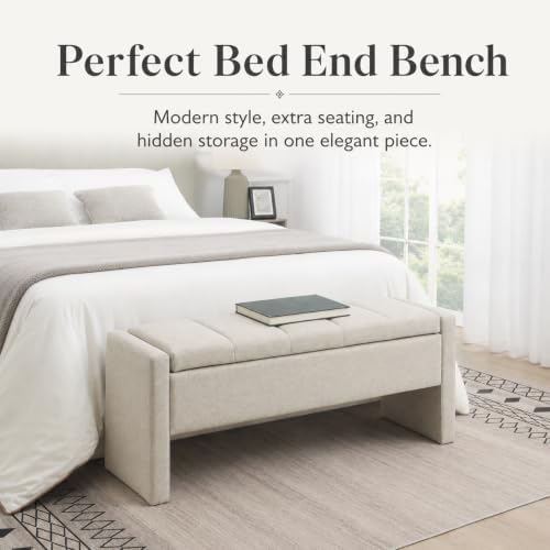 47.25 Inch Storage Ottoman Bench, Linen Upholstered, Light Grey