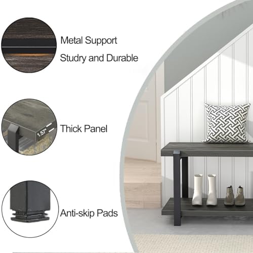 EXCEFUR Industrial Entryway Bench with Storage, Rustic Wood and Metal Shoe Rack Bench Seat, 47 Inch Grey