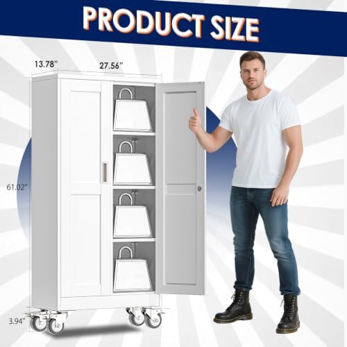 erosoei 61" H Metal Garage Storage Cabinet, Rolling Tool Cabinet with 2 Doors and Wheels, Locker Steel Cabinet with 3 Adjustable Shelves, Organization Cabinet for Garage,Office,Home,Gym,School（White）