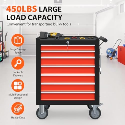 7-Drawer High Capacity Rolling Tool Box, Removable Cabinet Storage Tool Chest with Wheels and Drawers, Detachable Toolbox with Lock for Mechanics Garage Workshop and Tool Room (Black&red)