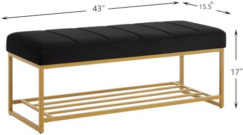 24KF Black Velvet Upholstered End of Bed Bench with Metal Shelf, Modern Tufted Channel Entryway Bench Footboard Bench for Living Room, Bedroom, Gold Bench,5036-Black