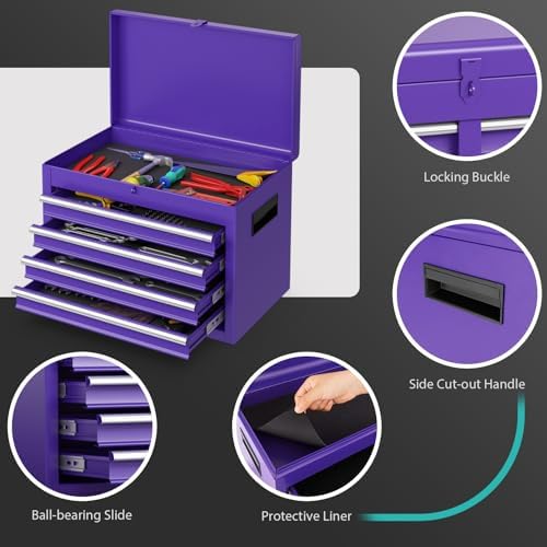 DREAMADE 5-Drawer Tool Chest Combo, Rolling Tool Cabinet w/Detachable Top Tool Box, Adjustable Shelves, Lockable Wheels, Metal Tool Box for Garage, Workshop, Repair Shop Storage (Purple)
