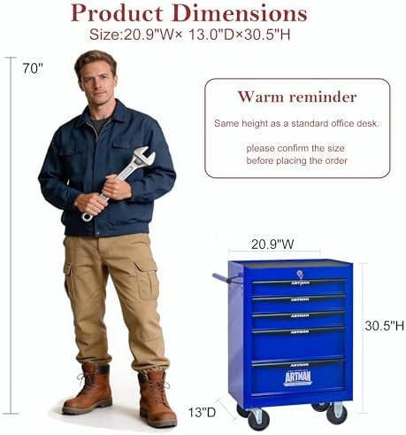 RYH 5 Drawers Rolling Tool Chest 13"D x 20.9"W x 30.5"H (Blue, 5 Drawers)