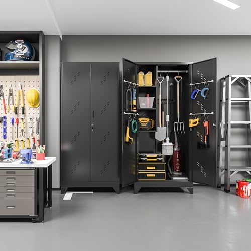 75" Taller Metal Garage Storage Cabinet,Tool Chest, Large Office Storage Cabinet with Lock Doors, Stainless Steel Bottom Plate with Holes,Utility Room Organization(H75* D16.53*L33.85)(Black)