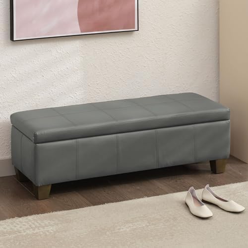 51 Inch Storage Ottoman, Storage Bench with Safety Hinge, Upholstered Synthetic Leather Ottoman Bench for Bedroom, Living Room, Entryway, Hallway, Foot Rest, Support 500lbs