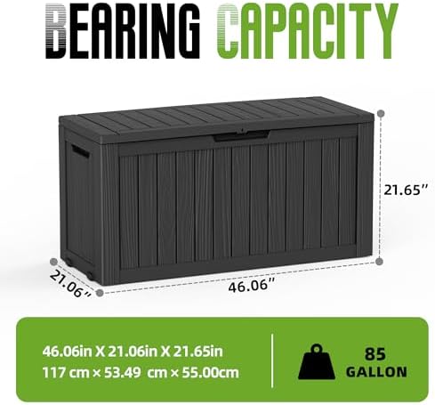 85 Gallon Outdoor Storage Deck Box Waterproof Resin Lockable Outside Bench Porch Patio Furniture Pool Float Garden Tool Cushion UV Resistant Bin Black