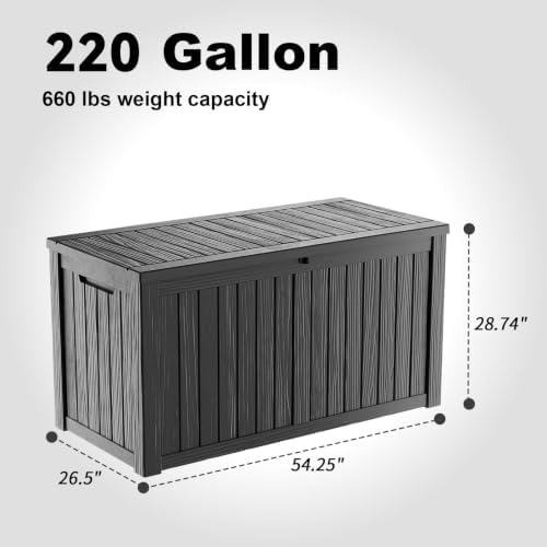 ROJIK 220 Gallon Waterproof Outdoor Deck Storage Box, UV Resistant， Lockable Resin Patio Storage Bin with Lid for Garden Tools, Patio Cushions & Outdoor Accessories(Black)