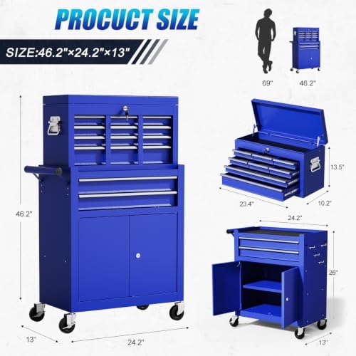 10-Drawer Rolling Tool Chest with wheels, Lockable 2-in-1 Tool Box