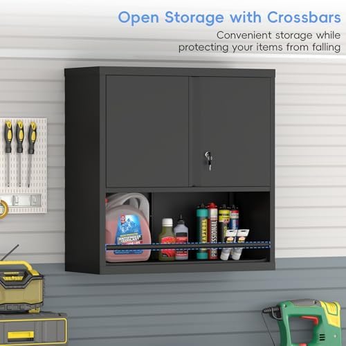 Metal Garage Cabinets, Lockable Storage Cabinet, Metal Cabinet with Open Storage, Upper Tool Cabinet for Basement, Wall Mounted Cabinets for Shop