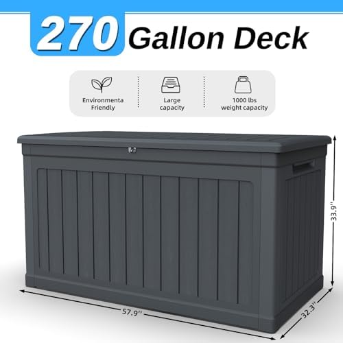 270 Gallon Outdoor Storage Deck Box, Waterproof Resin, Black