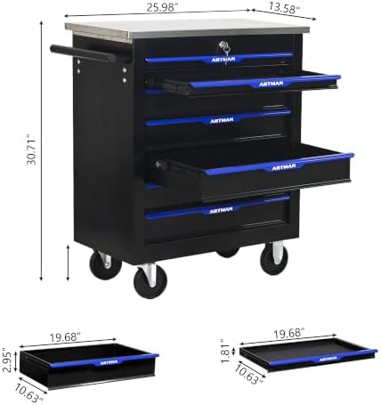 7-Drawer Rolling Tool Chest with Stainless Steel Worktop,Tool Chest with Secure Locking System,Mobile Storage Tool Cabinet with 360°Wheels and Padded Feet,for Home,Garage (Black+Blue)