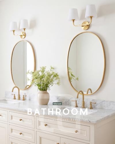 2-Light Brushed Gold Bathroom Vanity Light, Pleated Fabric Shade | 17" 2-light gold double wall sconce with white pleated fabric shades, E26 bulbs, hardwired, upward only, VL837-BG-Z-2