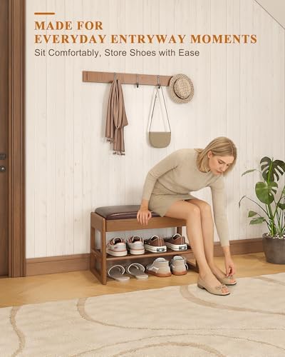 Shoe Rack Bench with Hidden Storage, 2‑Tier Solid Rubberwood Entryway Bench