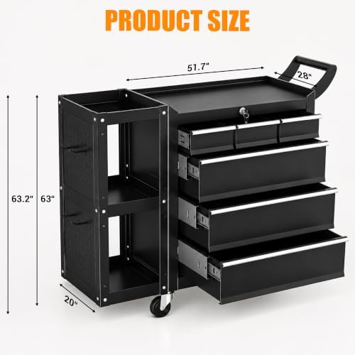 Tool Chest 6-Drawer, Heavy Duty Rolling Tool Chest with Stainless Steel Countertop/Side Drawer, Tool Cabinet with Lockable Drawers & 360° Wheels for Garage Storage, Workshop, Black