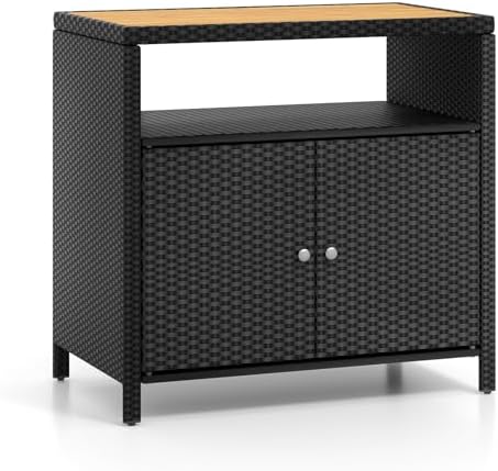 Rattan Storage Cabinet, Outdoor & Indoor Sideboards with Acacia Wood Countertop & Open Compartment, Wicker Patio Buffet Storage Bar Table for Garden Kitchen Poolside Backyard (Black)