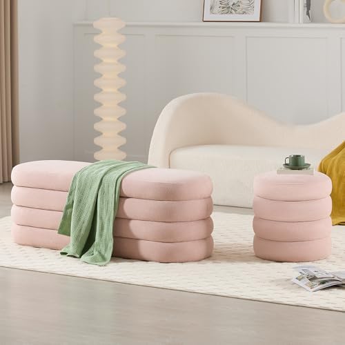 Busaurus Storage Ottoman Bench Upholstered Fabric Storage Bench for Bedroom End of Bed Aesthetic Large Oval Ottoman for Living Room Entryway (Pink)