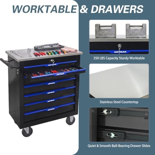 7-Drawer Rolling Tool Chest with Stainless Steel Worktop,Tool Chest with Secure Locking System,Mobile Storage Tool Cabinet with 360°Wheels and Padded Feet,for Home,Garage (Black+Blue)