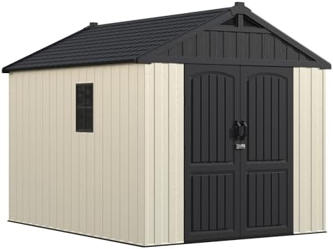 Greesum 8x10FT Plastic Outdoor Storage Shed with Floor, Resin Sheds, Beige