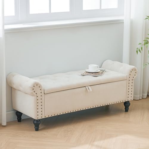 51" Storage Bench for Bedroom, Upholstered Ottoman Bench, Chenille Beige