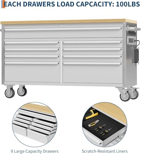 9-Drawer, Mobile Tool Chest with Military-Grade Locking System - Stainless Steel Storage Cabinet, High-Weight Capacity for Mechanics & Workshops