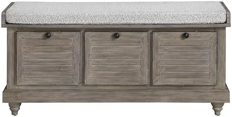 OSP Home Furnishings Dover Coastal Lift-Top Storage Bench with Shutter Face Styling, Goldstone Finish with Salt and Pepper Cushion