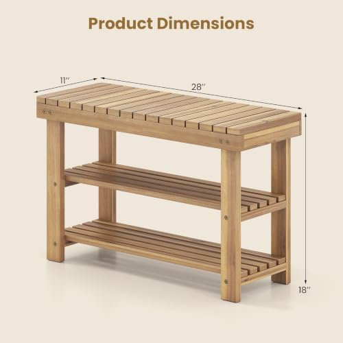 GOFLAME Wooden Shoe Rack Bench, 3-Tier Free Standing Entryway Bench Seat with Slatted Shelves, Shoe Storage Organizer for Entryway, Hallway, Bedroom, Living Room, Small Space, 28"x11"x18"