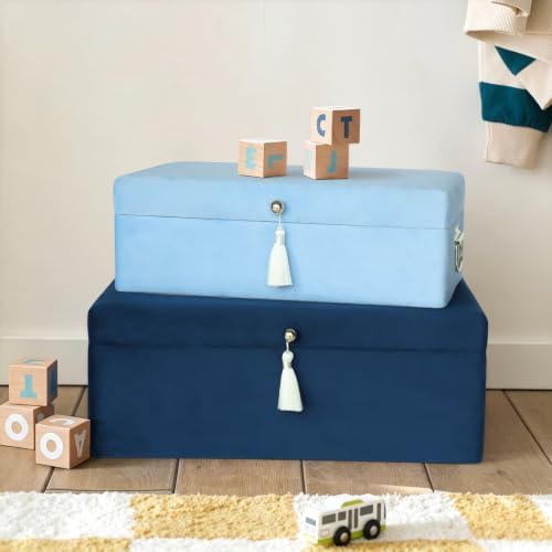 HofferRuffer Velvet Storage Trunks with Wood Frame, Set of 2 Storage Chests with Handles, Bedroom Organizer Nesting Upholstered Decorative Boxes Hinged Lid with Gold Hardware Accents (Blue Velvet)