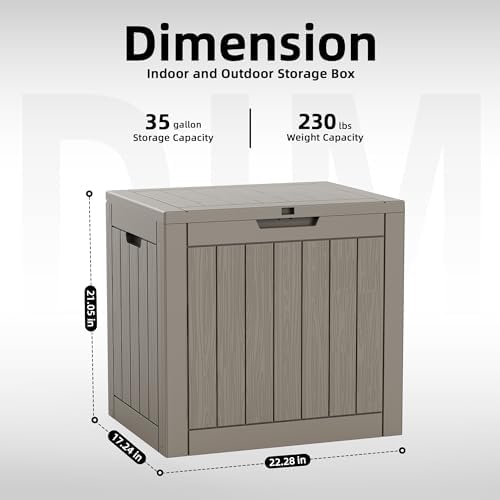 Resin Deck Box Outdoor Storage Box Waterproof for Patio Furniture,Outdoor Cushions,Garden Tools and Pool Supplies (Grey, 35 Gallon)
