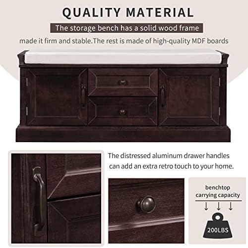 Knocbel 42.5" Storage Bench with Removable Cushion, 2 Drawers and 2 Cabinets, Entryway Hallway Foyer Shoe Bench Bedroom End of Bed Bench (Espresso)