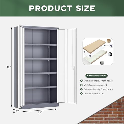 Greenvelly Metal Garage Storage Cabinet, 72" Locking Metal Cabinet with 2 Doors and 4 Adjustable Shelves, Lockable File Cabinet for Home, Office, Garage (36" W x 18" D)